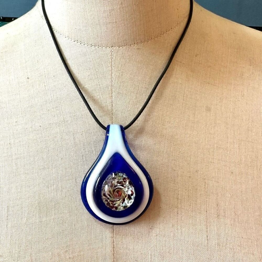 Handmade Murano Inspired Blown Glass Blue and White Teardrop pendant necklace on
